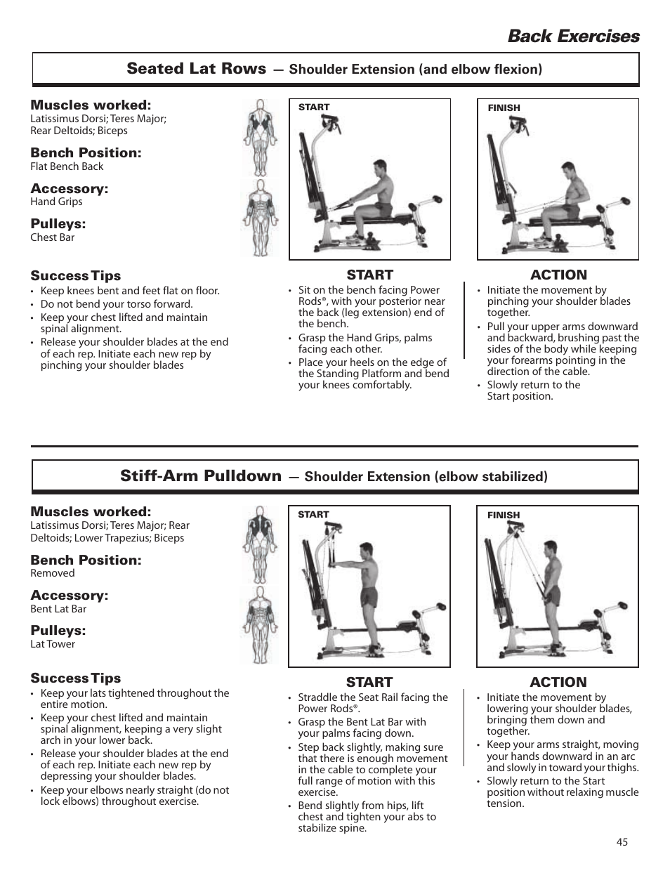 Back exercises, Seated lat rows, Stiff-arm pulldown | Bowflex Elite™ home gym User Manual | Page 69 / 92