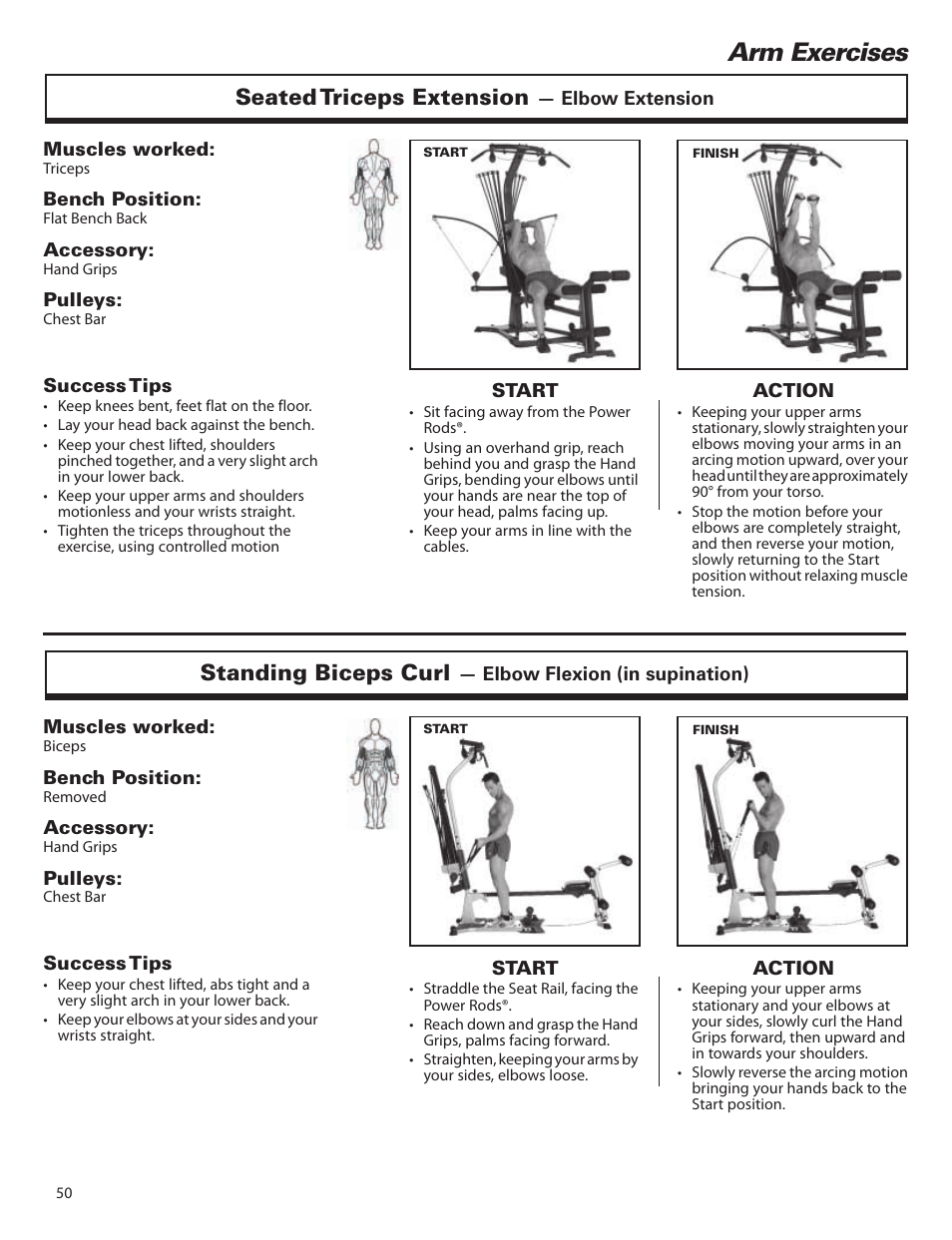 Arm exercises, Seated triceps extension, Standing biceps curl | Bowflex Elite™ home gym User Manual | Page 74 / 92
