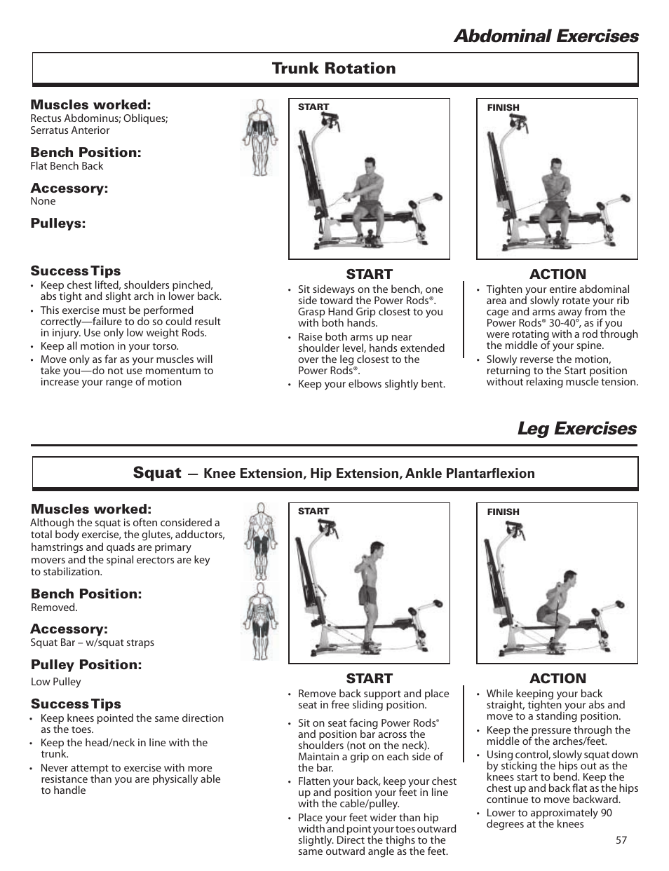 Abdominal exercises, Leg exercises, Trunk rotation | Squat | Bowflex Elite™ home gym User Manual | Page 81 / 92