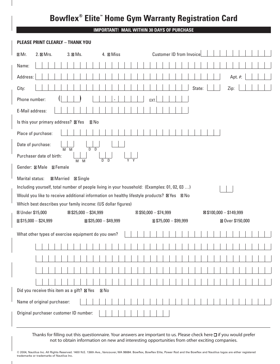 Bowflex, Elite, Home gym warranty registration card | Bowflex Elite™ home gym User Manual | Page 89 / 92