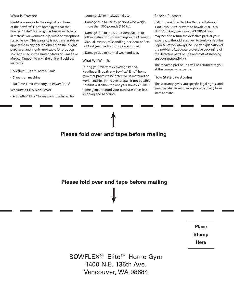 Bowflex, Please fold over and tape before mailing | Bowflex Elite™ home gym User Manual | Page 90 / 92