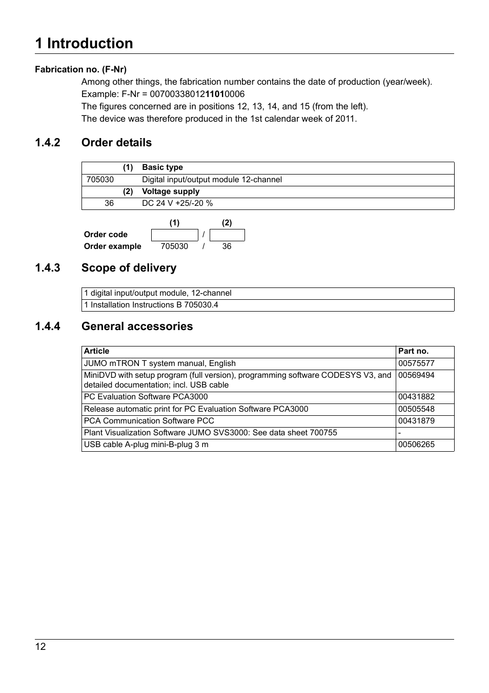 2 order details, 3 scope of delivery, 4 general accessories | 1 introduction | JUMO 705030 mTRON T - Digital Input/Output Module Operating Manual User Manual | Page 12 / 50