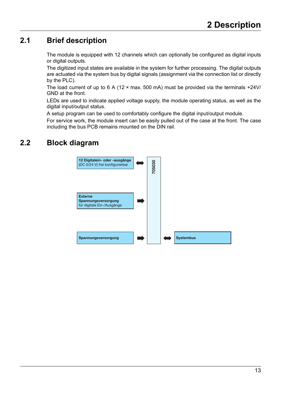 2 description, 1 brief description, 2 block diagram | Description, Brief description, Block diagram | JUMO 705030 mTRON T - Digital Input/Output Module Operating Manual User Manual | Page 13 / 50