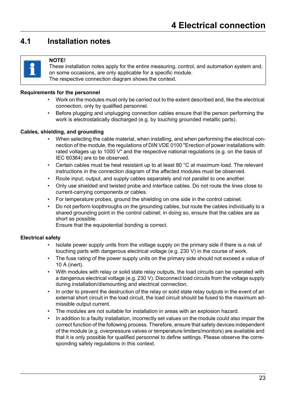 4 electrical connection, 1 installation notes, Electrical connection | Installation notes | JUMO 705030 mTRON T - Digital Input/Output Module Operating Manual User Manual | Page 23 / 50