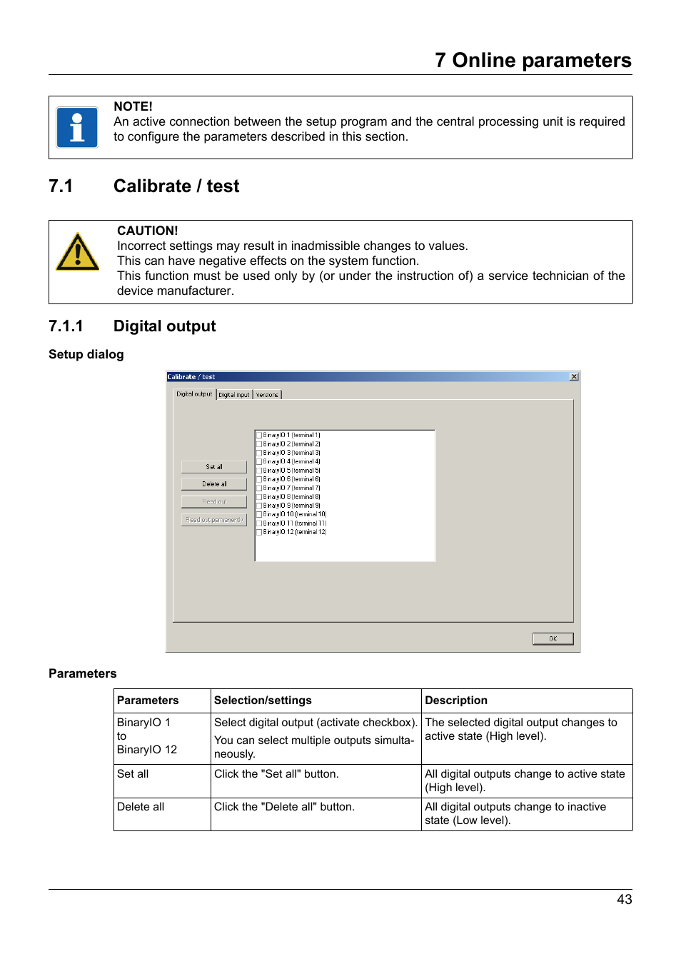7 online parameters, 1 calibrate / test, 1 digital output | Online parameters, Calibrate / test | JUMO 705030 mTRON T - Digital Input/Output Module Operating Manual User Manual | Page 43 / 50