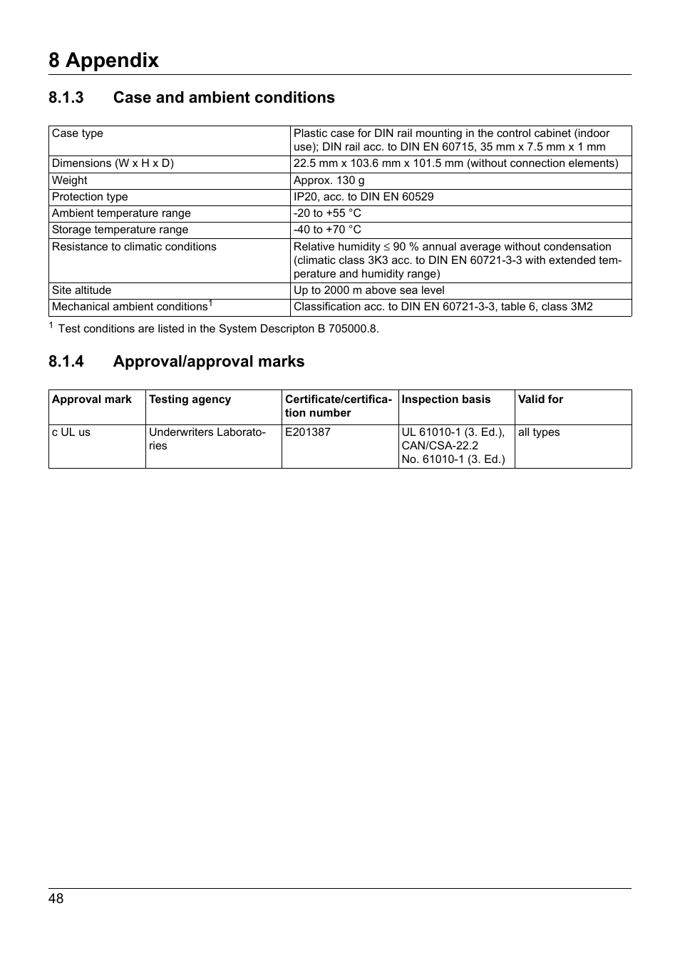 3 case and ambient conditions, 4 approval/approval marks, Approval/approval marks | 8 appendix | JUMO 705030 mTRON T - Digital Input/Output Module Operating Manual User Manual | Page 48 / 50