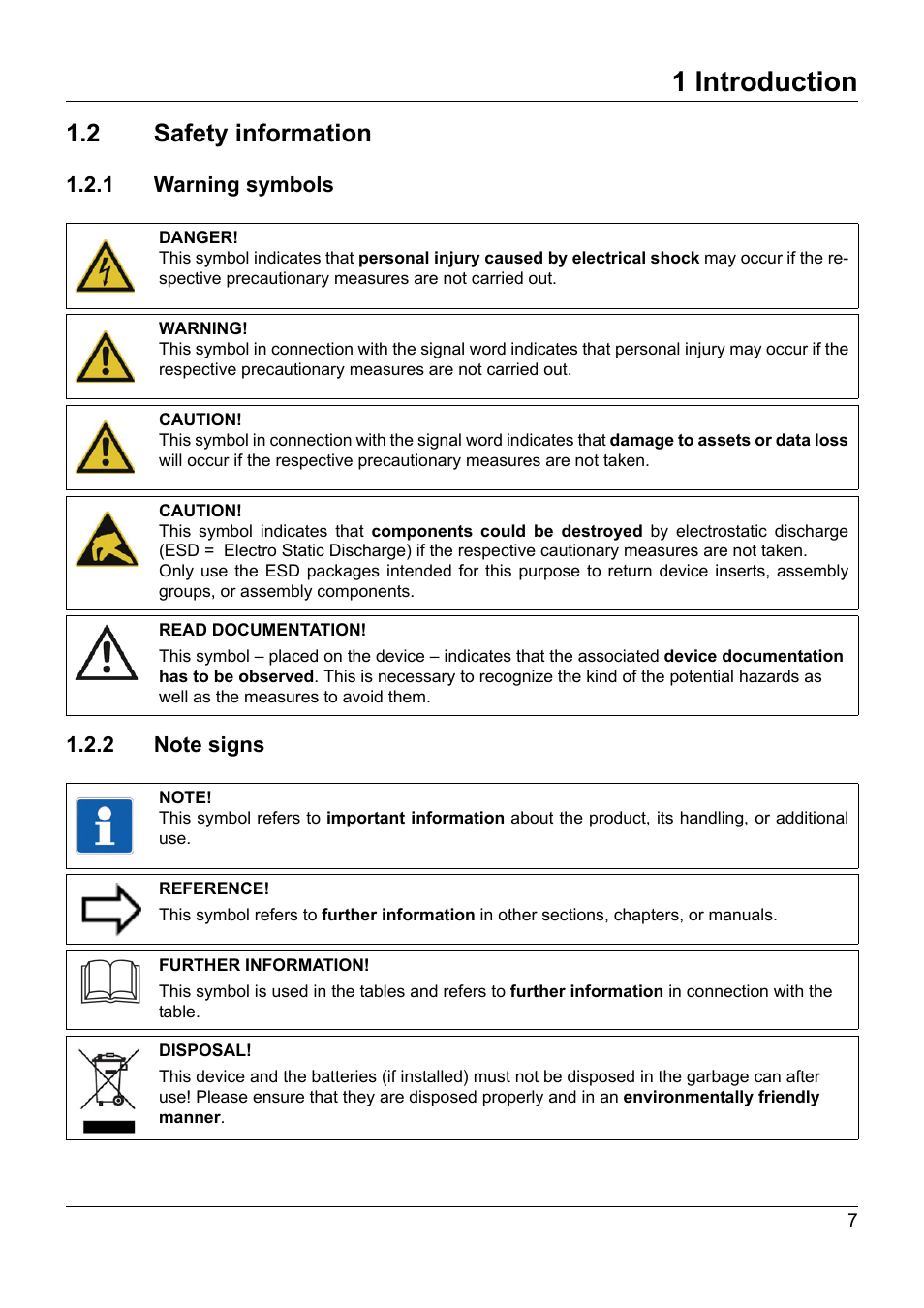 2 safety information, 1 warning symbols, 2 note signs | Safety information, 1 warning symbols 1.2.2 note signs, 1 introduction | JUMO 705030 mTRON T - Digital Input/Output Module Operating Manual User Manual | Page 7 / 50
