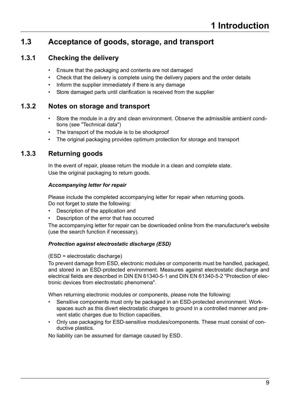 3 acceptance of goods, storage, and transport, 1 checking the delivery, 2 notes on storage and transport | 3 returning goods, Acceptance of goods, storage, and transport, 1 introduction | JUMO 705030 mTRON T - Digital Input/Output Module Operating Manual User Manual | Page 9 / 50
