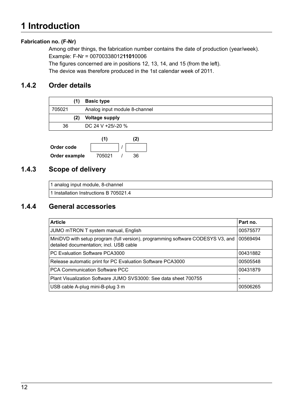 2 order details, 3 scope of delivery, 4 general accessories | 1 introduction | JUMO 705021 mTRON T - Analog Input Module, 8-Ch. Operating Manual User Manual | Page 12 / 56