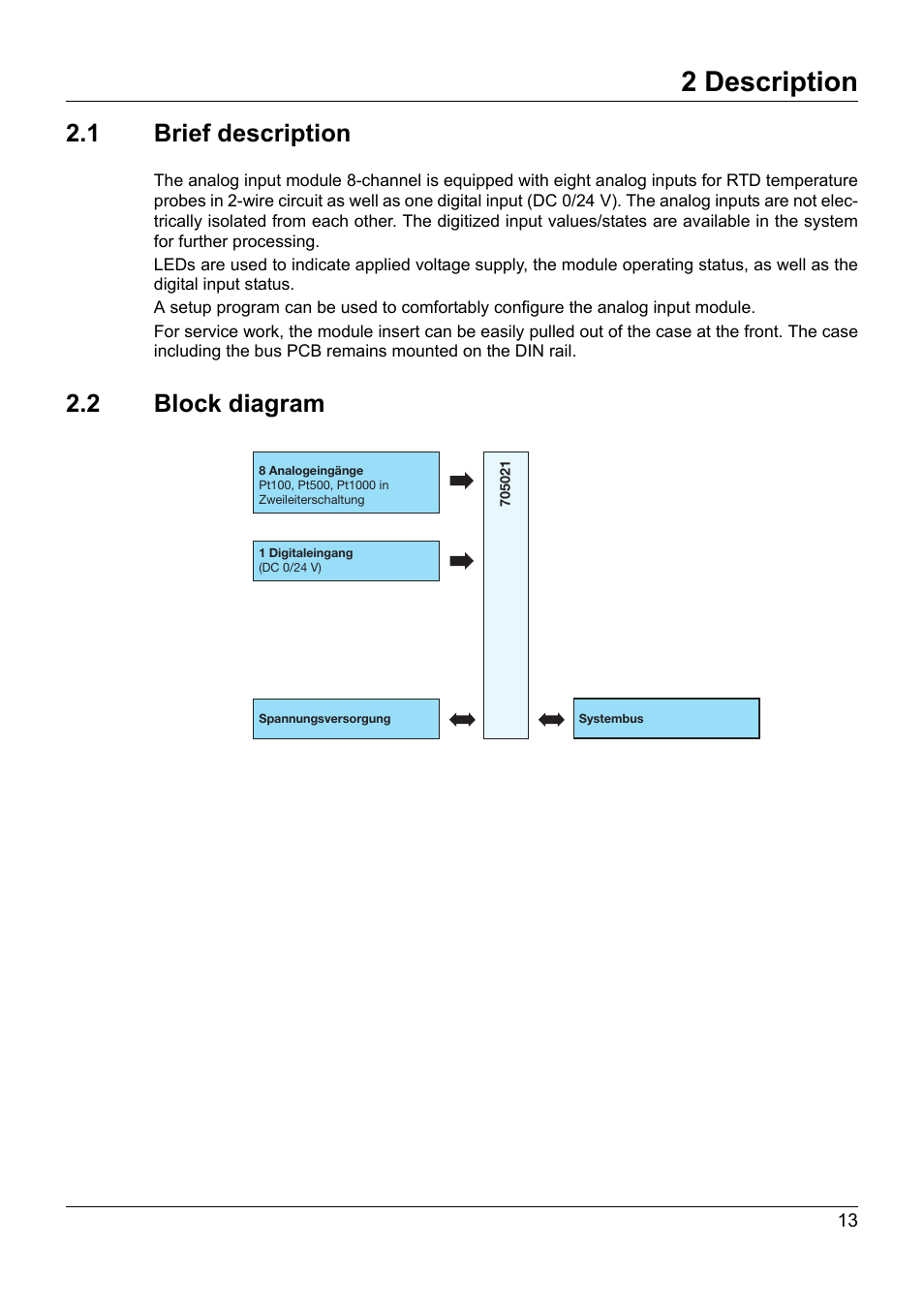 2 description, 1 brief description, 2 block diagram | Description, Brief description, Block diagram | JUMO 705021 mTRON T - Analog Input Module, 8-Ch. Operating Manual User Manual | Page 13 / 56