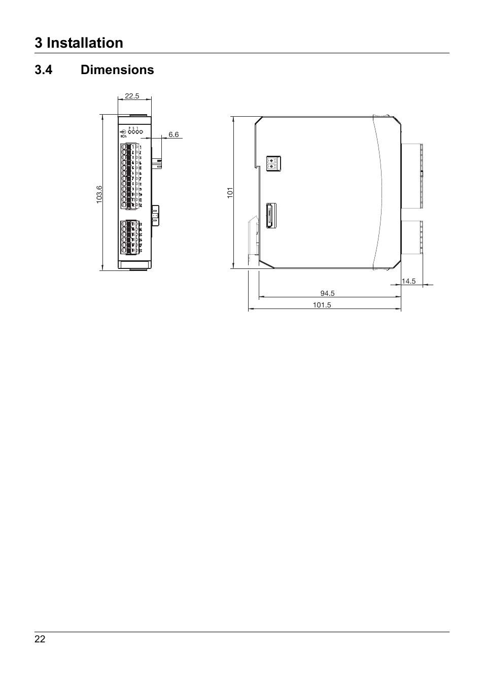 4 dimensions, Dimensions, 3 installation | JUMO 705021 mTRON T - Analog Input Module, 8-Ch. Operating Manual User Manual | Page 22 / 56