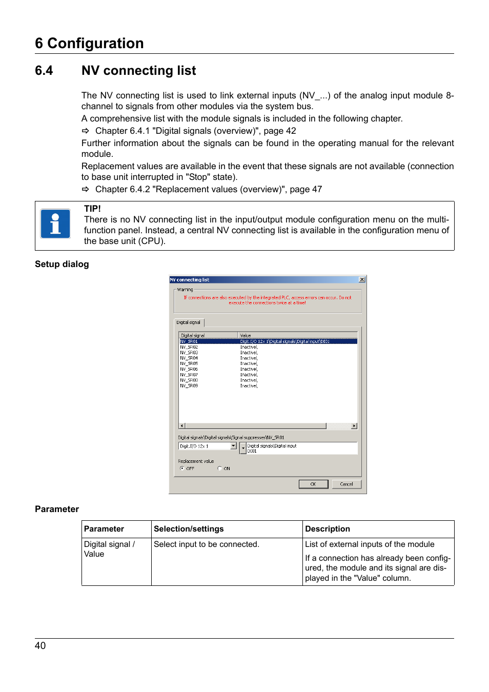 4 nv connecting list, Nv connecting list, 6 configuration | JUMO 705021 mTRON T - Analog Input Module, 8-Ch. Operating Manual User Manual | Page 40 / 56