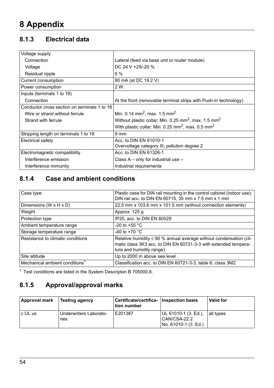 3 electrical data, 4 case and ambient conditions, 5 approval/approval marks | Approval/approval marks, 8 appendix | JUMO 705021 mTRON T - Analog Input Module, 8-Ch. Operating Manual User Manual | Page 54 / 56