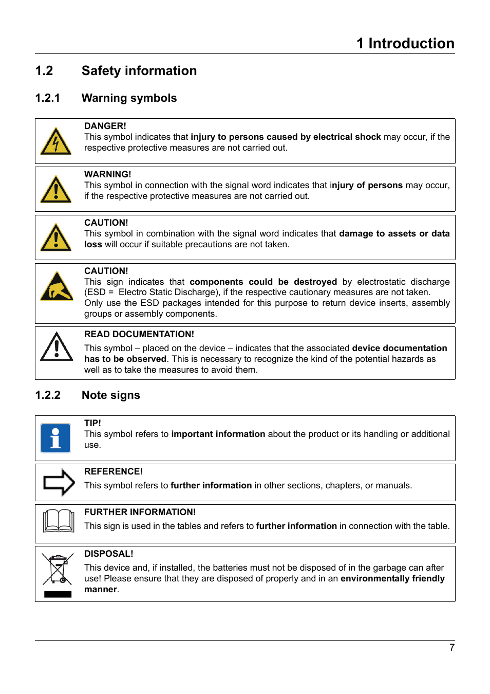 2 safety information, 1 warning symbols, 2 note signs | Safety information, 1 warning symbols 1.2.2 note signs, 1 introduction | JUMO 705021 mTRON T - Analog Input Module, 8-Ch. Operating Manual User Manual | Page 7 / 56