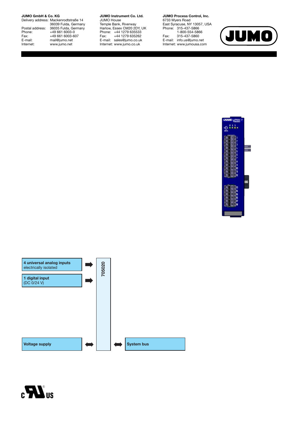 JUMO 705020 mTRON T - Analog Input Module, 4-Ch. Data Sheet User Manual | 10 pages