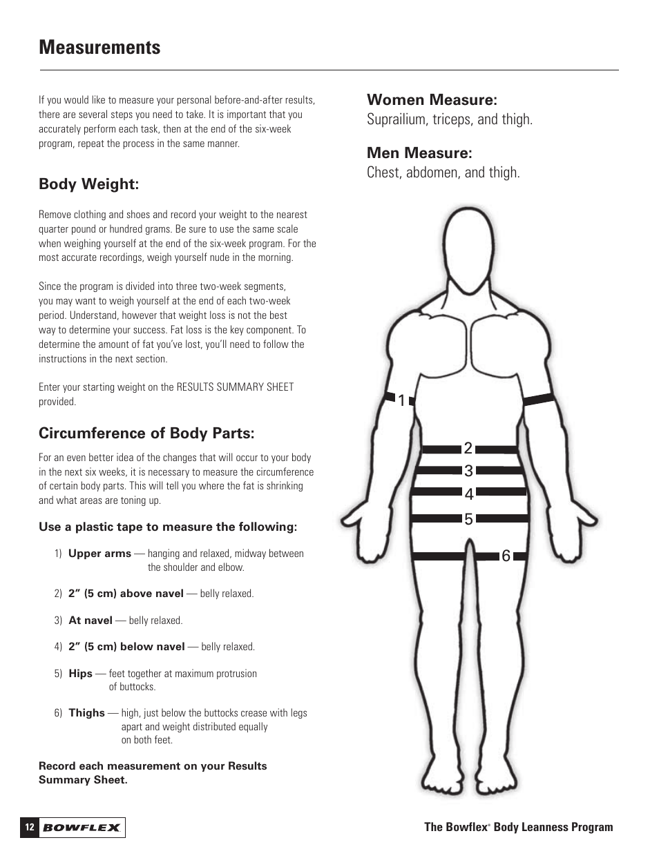 Measurements, Body weight, Circumference of body parts | Bowflex Motivator 2 User Manual | Page 14 / 66