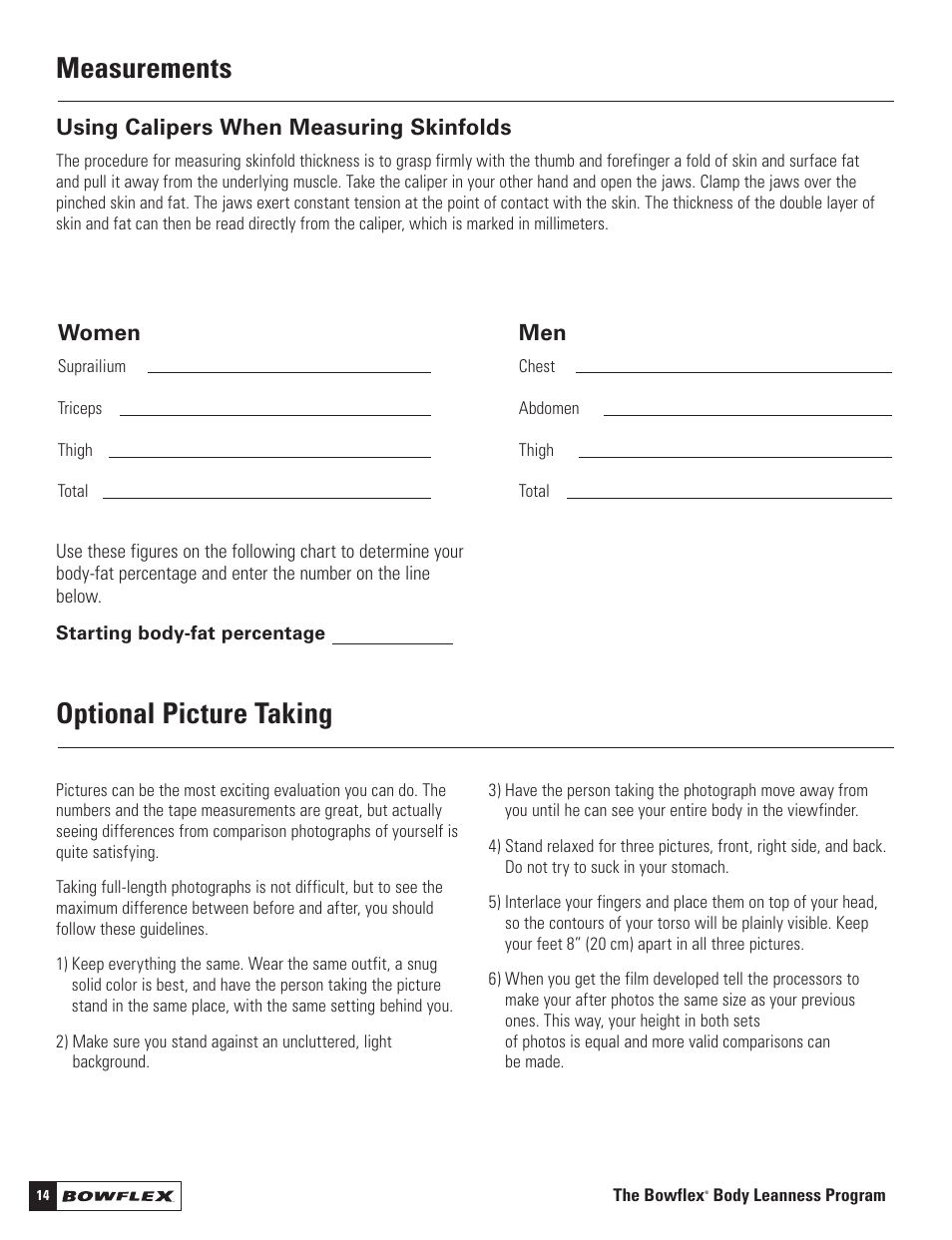 Measurements optional picture taking, Using calipers when measuring skinfolds, Women | Bowflex Motivator 2 User Manual | Page 16 / 66