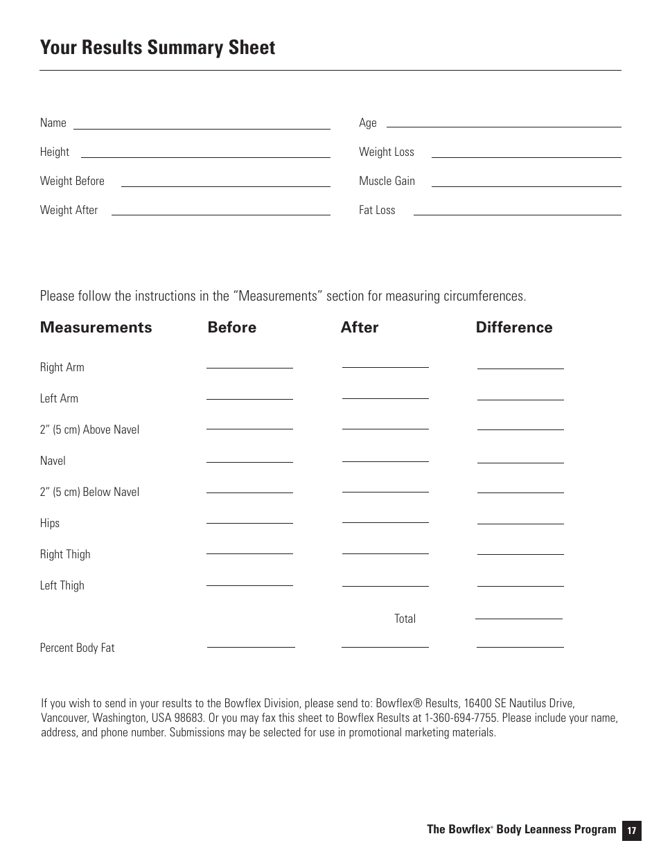 Your results summary sheet, Measurements, Before after | Difference | Bowflex Motivator 2 User Manual | Page 19 / 66