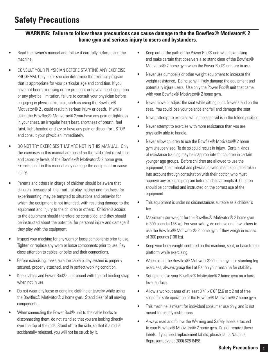 Safety precautions | Bowflex Motivator 2 User Manual | Page 3 / 66