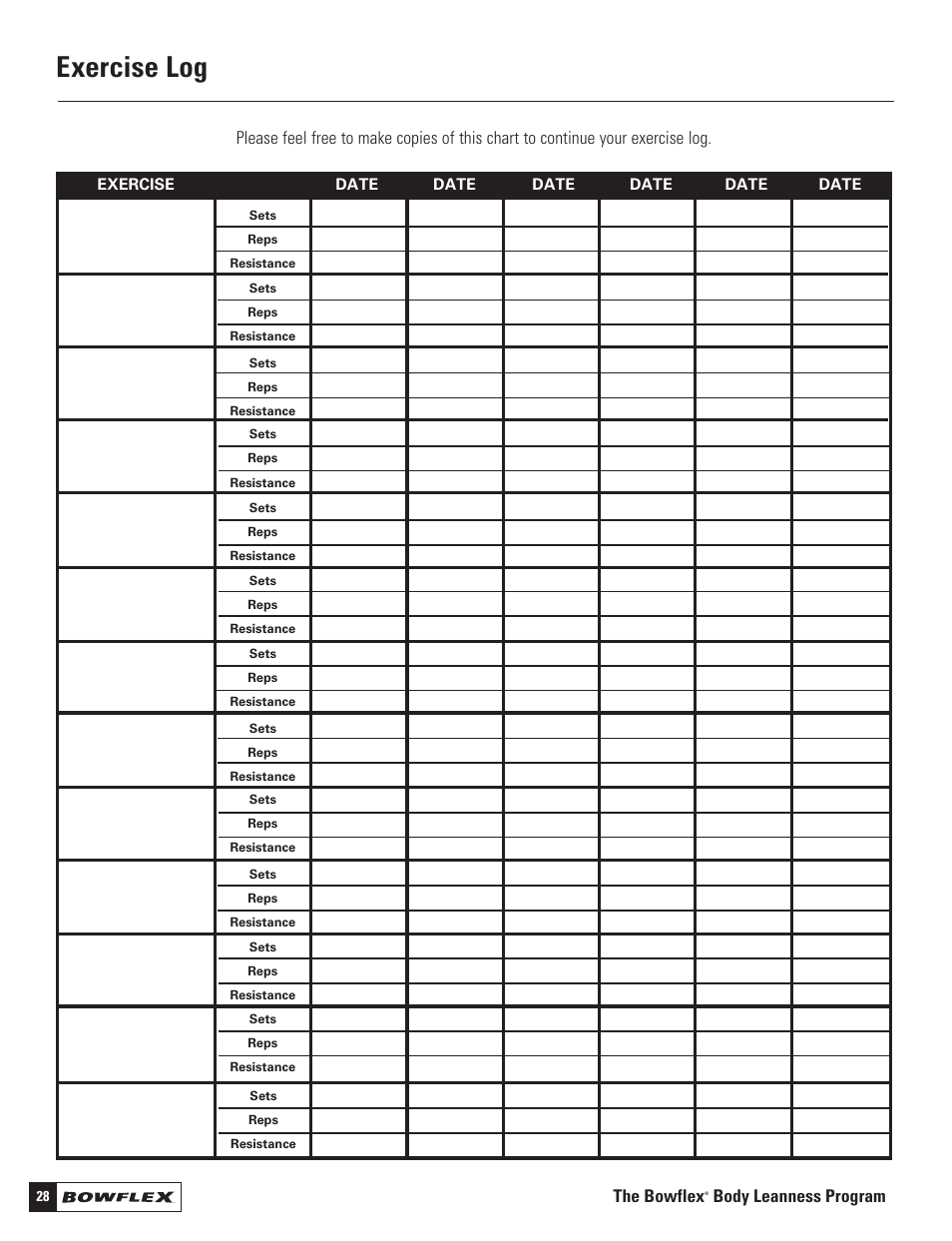 Exercise log, Bench press, The bowflex | Body leanness program | Bowflex Motivator 2 User Manual | Page 30 / 66