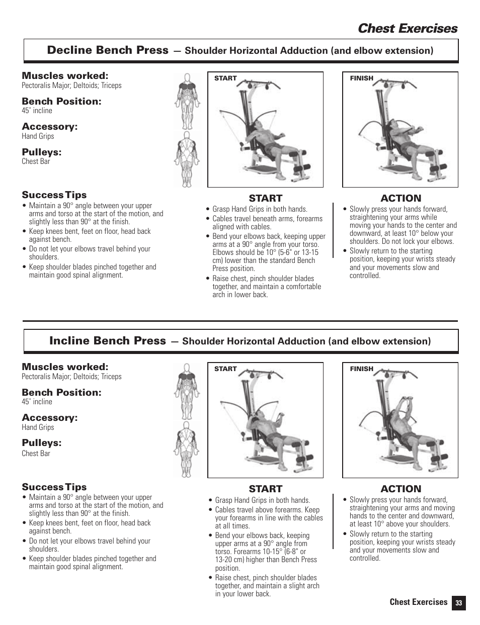 Chest exercises, Decline bench press, Incline bench press | Bowflex Motivator 2 User Manual | Page 35 / 66