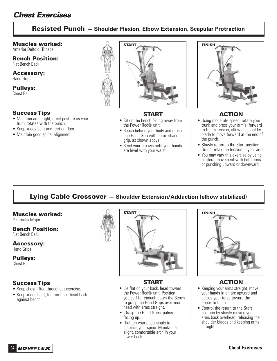 Chest exercises, Resisted punch, Lying cable crossover | Bowflex Motivator 2 User Manual | Page 36 / 66