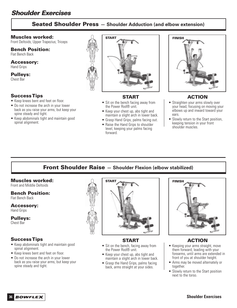 Shoulder exercises, Seated shoulder press, Front shoulder raise | Bowflex Motivator 2 User Manual | Page 38 / 66