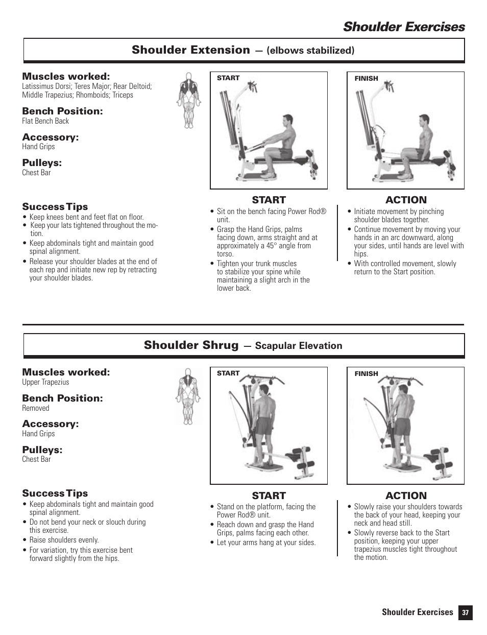 Shoulder exercises, Shoulder extension, Shoulder shrug | Bowflex Motivator 2 User Manual | Page 39 / 66