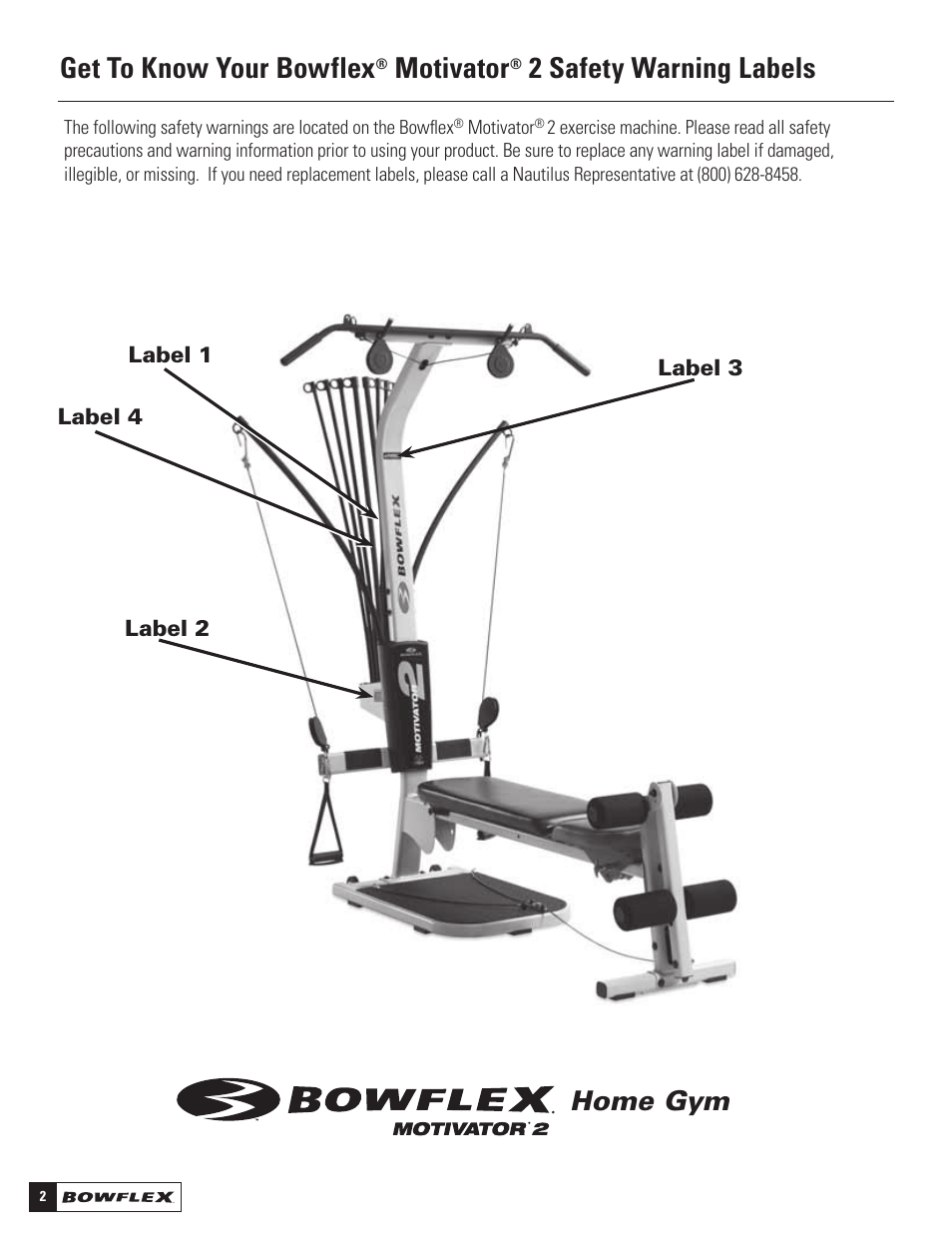 Get to know your bowflex, Motivator, 2 safety warning labels | Home gym | Bowflex Motivator 2 User Manual | Page 4 / 66