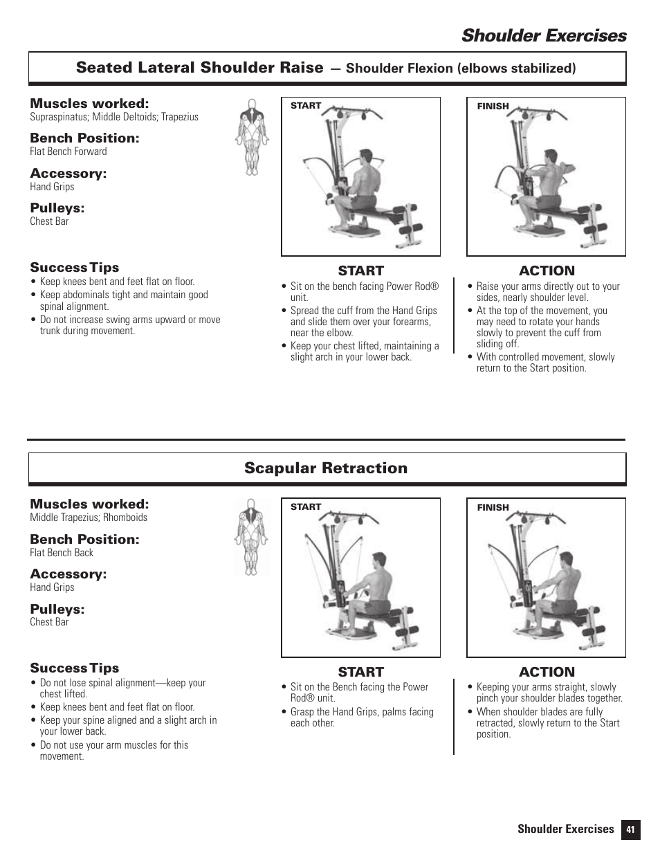 Shoulder exercises, Seated lateral shoulder raise, Scapular retraction | Bowflex Motivator 2 User Manual | Page 43 / 66