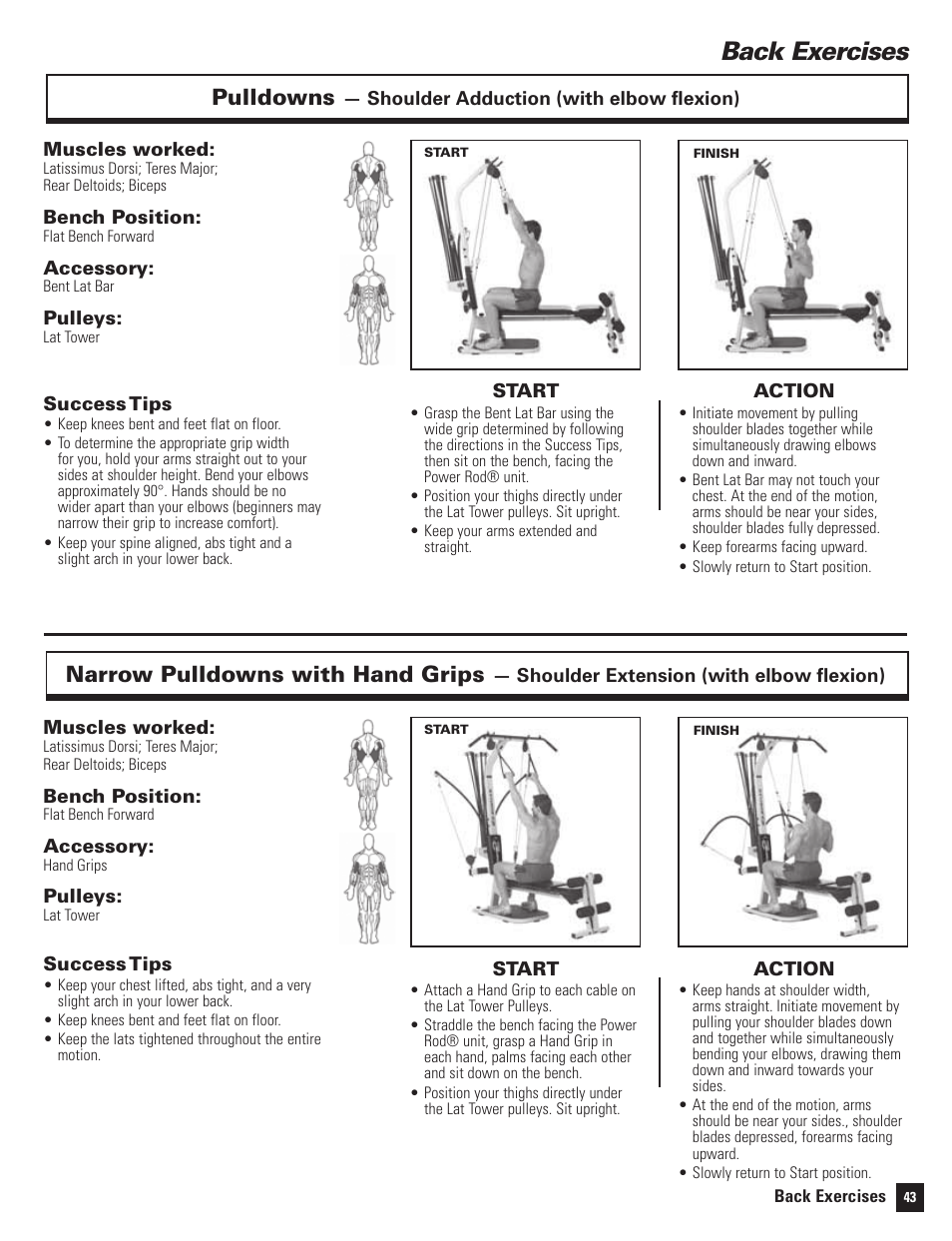 Back exercises, Pulldowns, Narrow pulldowns with hand grips | Bowflex Motivator 2 User Manual | Page 45 / 66
