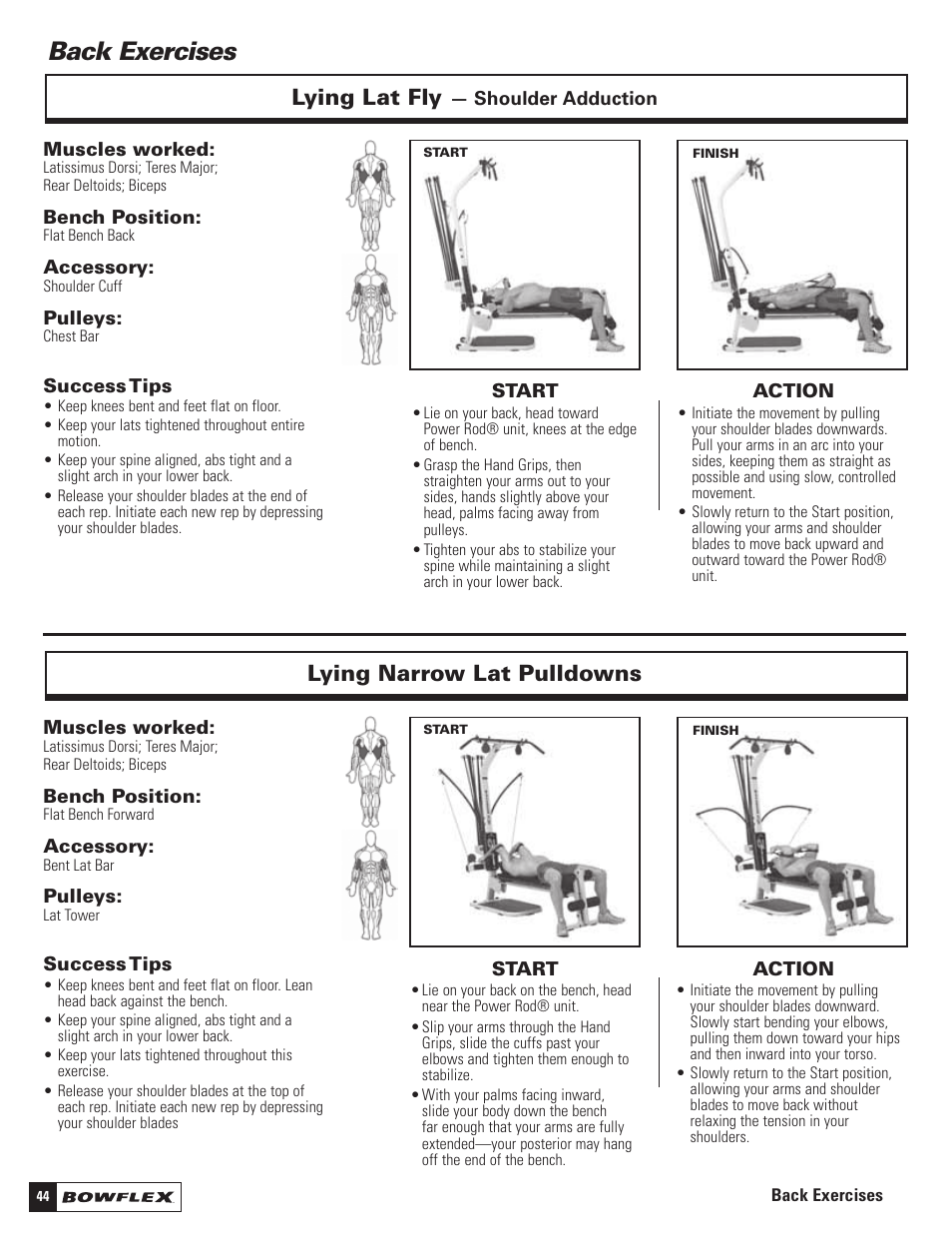 Back exercises, Lying lat fly, Lying narrow lat pulldowns | Bowflex Motivator 2 User Manual | Page 46 / 66
