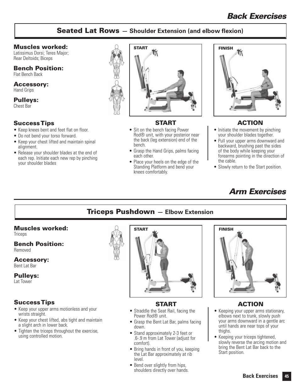 Back exercises, Arm exercises, Seated lat rows | Triceps pushdown | Bowflex Motivator 2 User Manual | Page 47 / 66