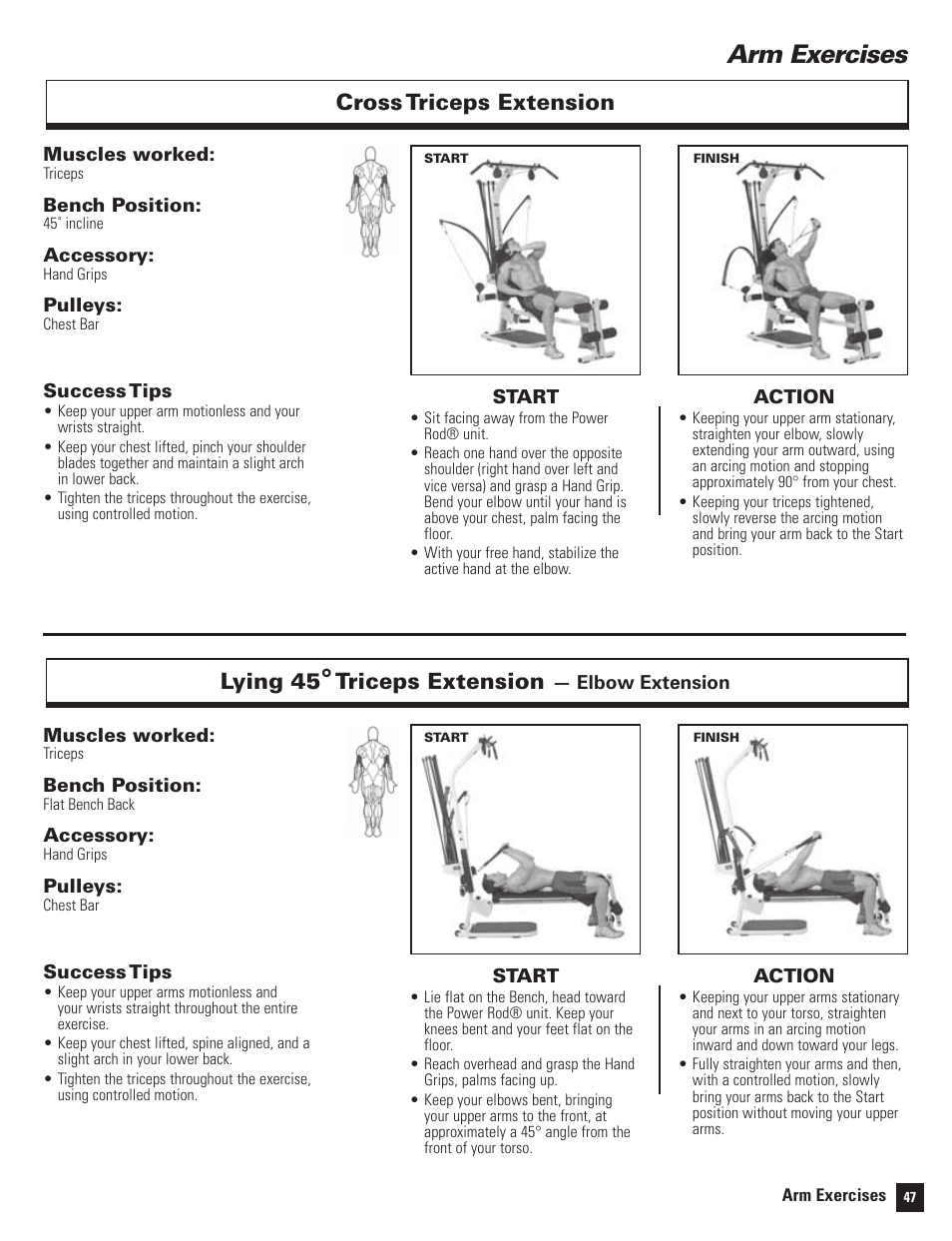 Arm exercises, Cross triceps extension, Lying 45 | Triceps extension | Bowflex Motivator 2 User Manual | Page 49 / 66