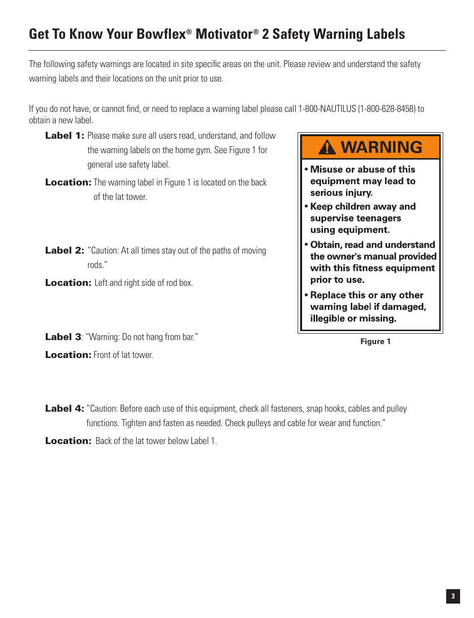Get to know your bowflex, Motivator, 2 safety warning labels | Bowflex Motivator 2 User Manual | Page 5 / 66