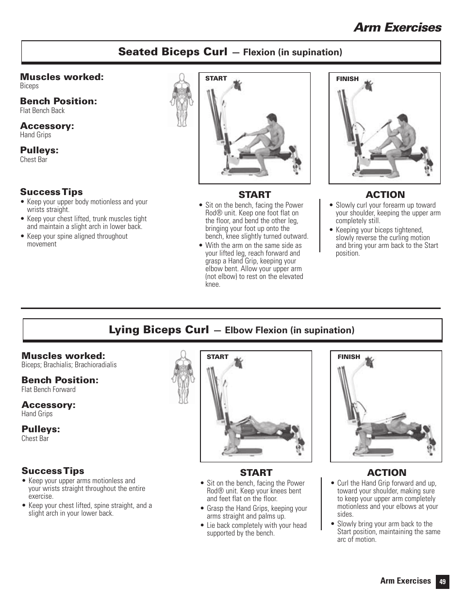 Arm exercises, Seated biceps curl, Lying biceps curl | Bowflex Motivator 2 User Manual | Page 51 / 66