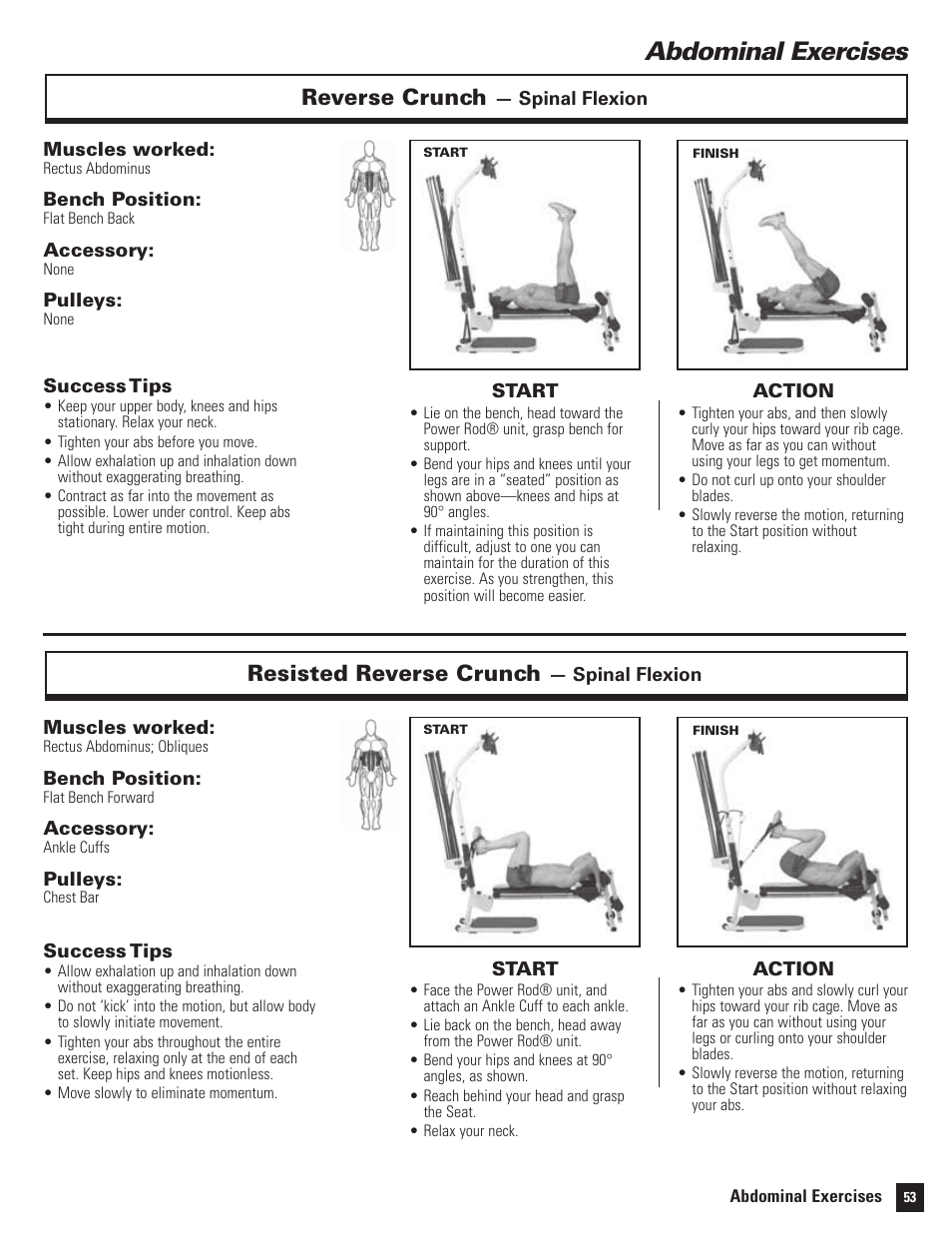 Abdominal exercises, Reverse crunch, Resisted reverse crunch | Bowflex Motivator 2 User Manual | Page 55 / 66