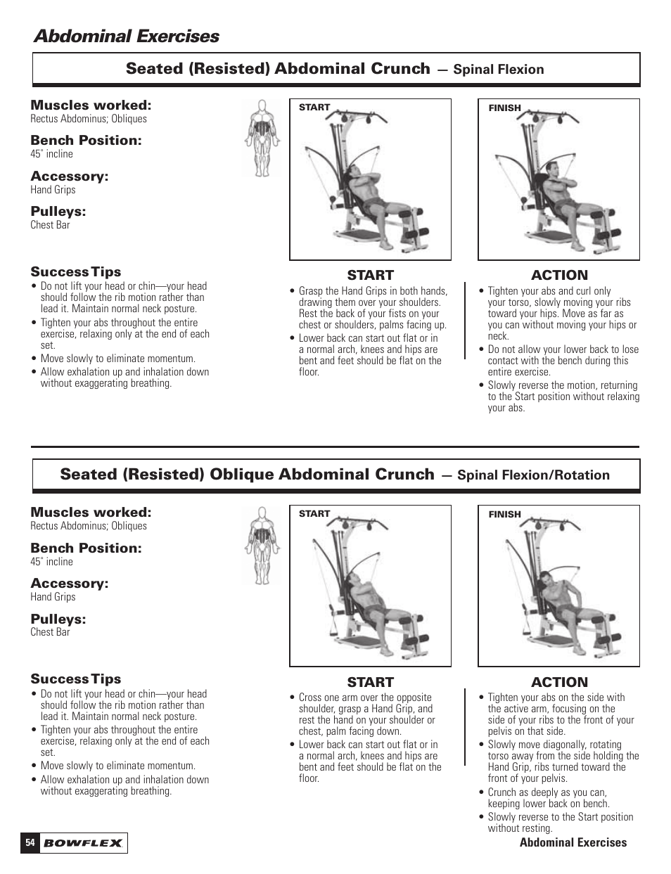 Abdominal exercises, Seated (resisted) abdominal crunch, Seated (resisted) oblique abdominal crunch | Bowflex Motivator 2 User Manual | Page 56 / 66