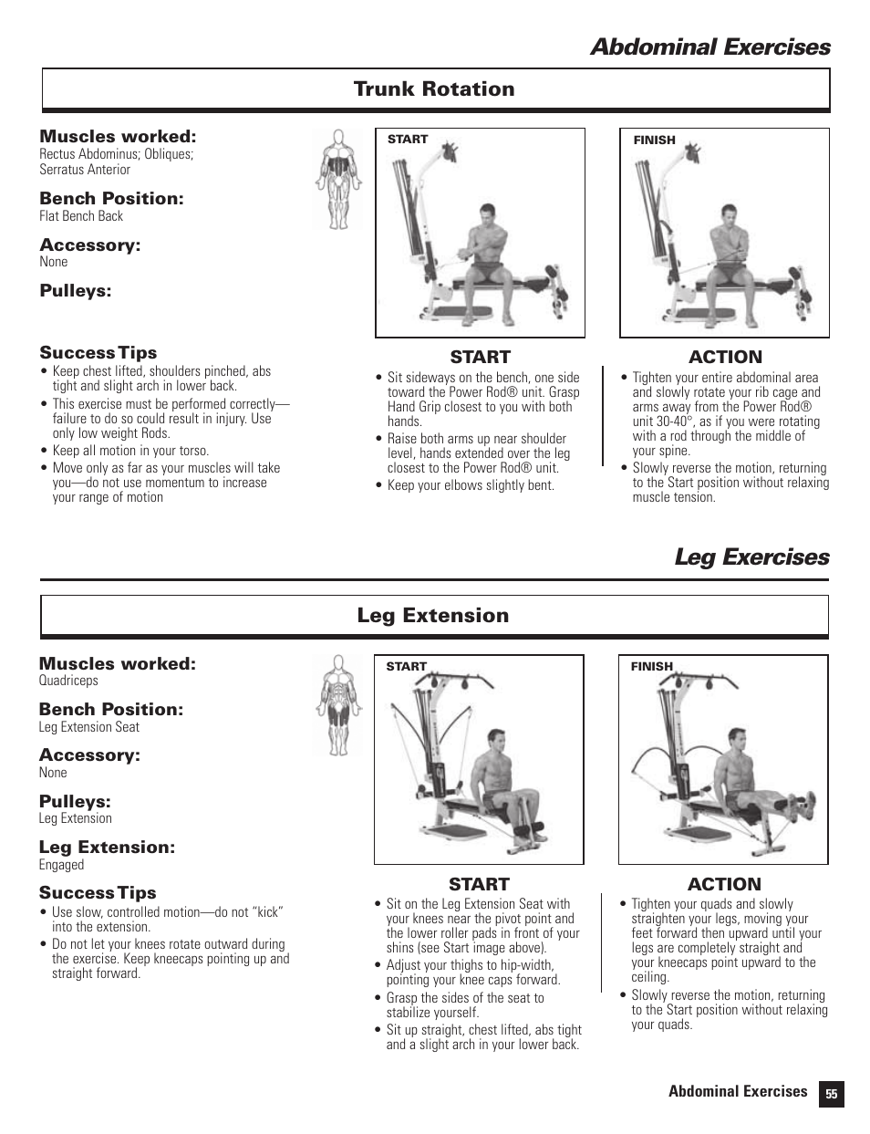 Abdominal exercises, Leg exercises, Trunk rotation | Leg extension | Bowflex Motivator 2 User Manual | Page 57 / 66