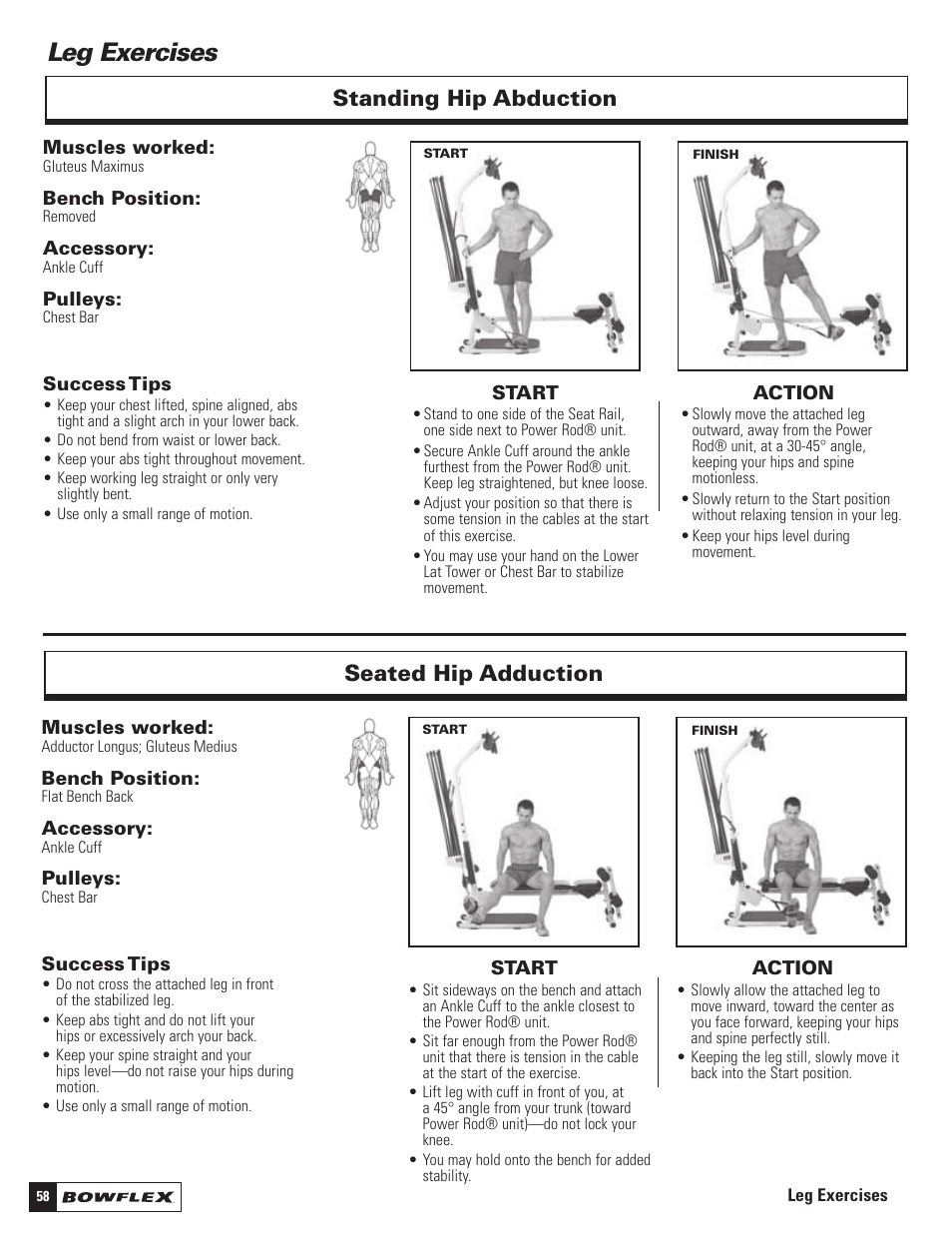 Leg exercises, Standing hip abduction, Seated hip adduction | Bowflex Motivator 2 User Manual | Page 60 / 66