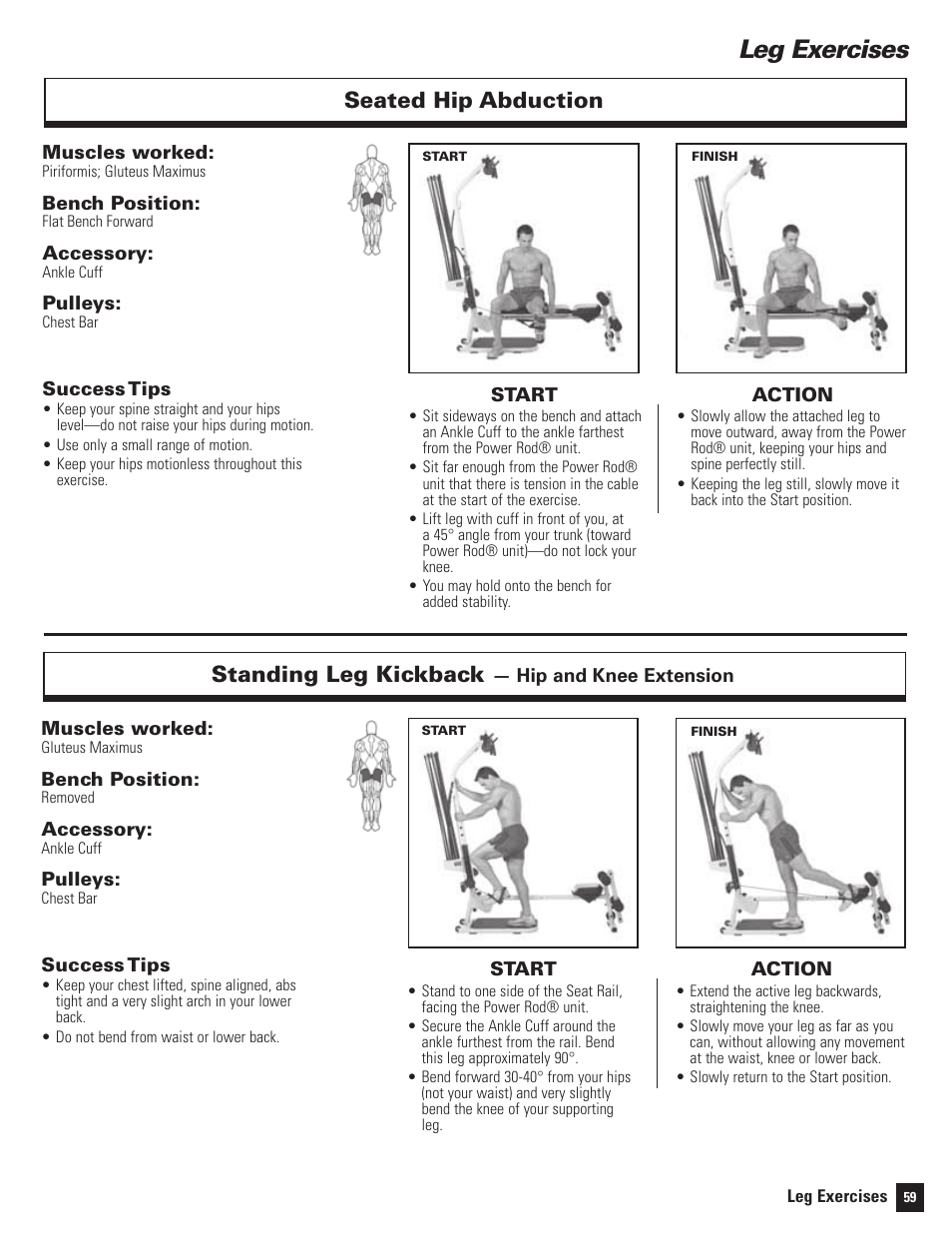 Leg exercises, Seated hip abduction, Standing leg kickback | Bowflex Motivator 2 User Manual | Page 61 / 66