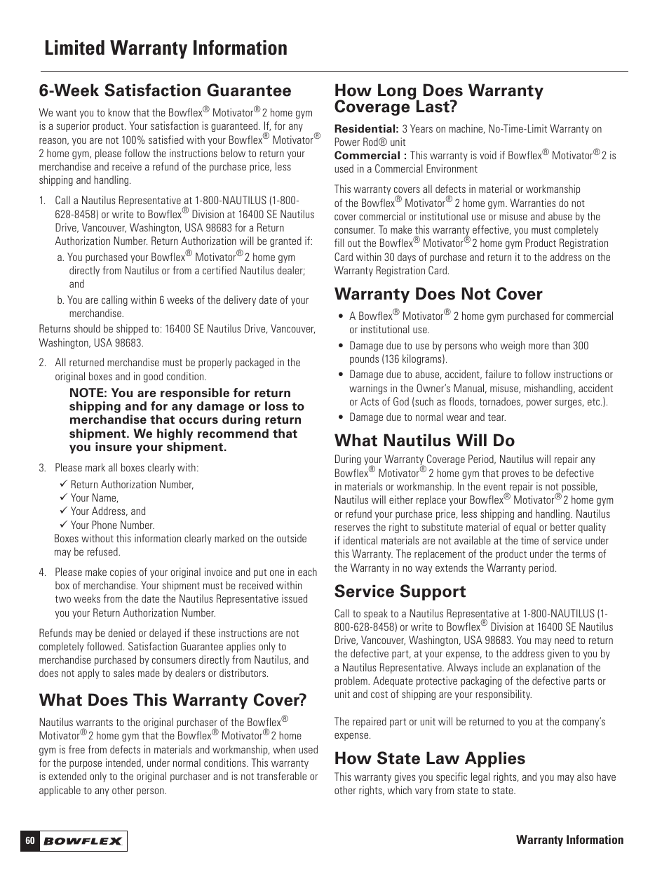 Limited warranty information, Week satisfaction guarantee, What does this warranty cover | How long does warranty coverage last, Warranty does not cover, What nautilus will do, Service support, How state law applies | Bowflex Motivator 2 User Manual | Page 62 / 66