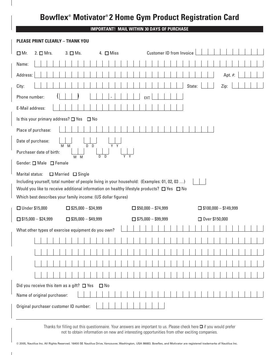 Bowflex, Motivator, 2 home gym product registration card | Bowflex Motivator 2 User Manual | Page 63 / 66