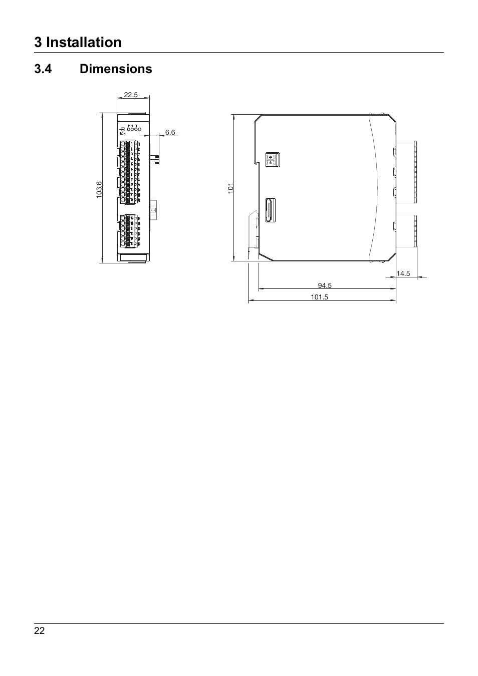 4 dimensions, Dimensions, 3 installation | JUMO 705020 mTRON T - Analog Input Module, 4-Ch. Operating Manual User Manual | Page 22 / 70