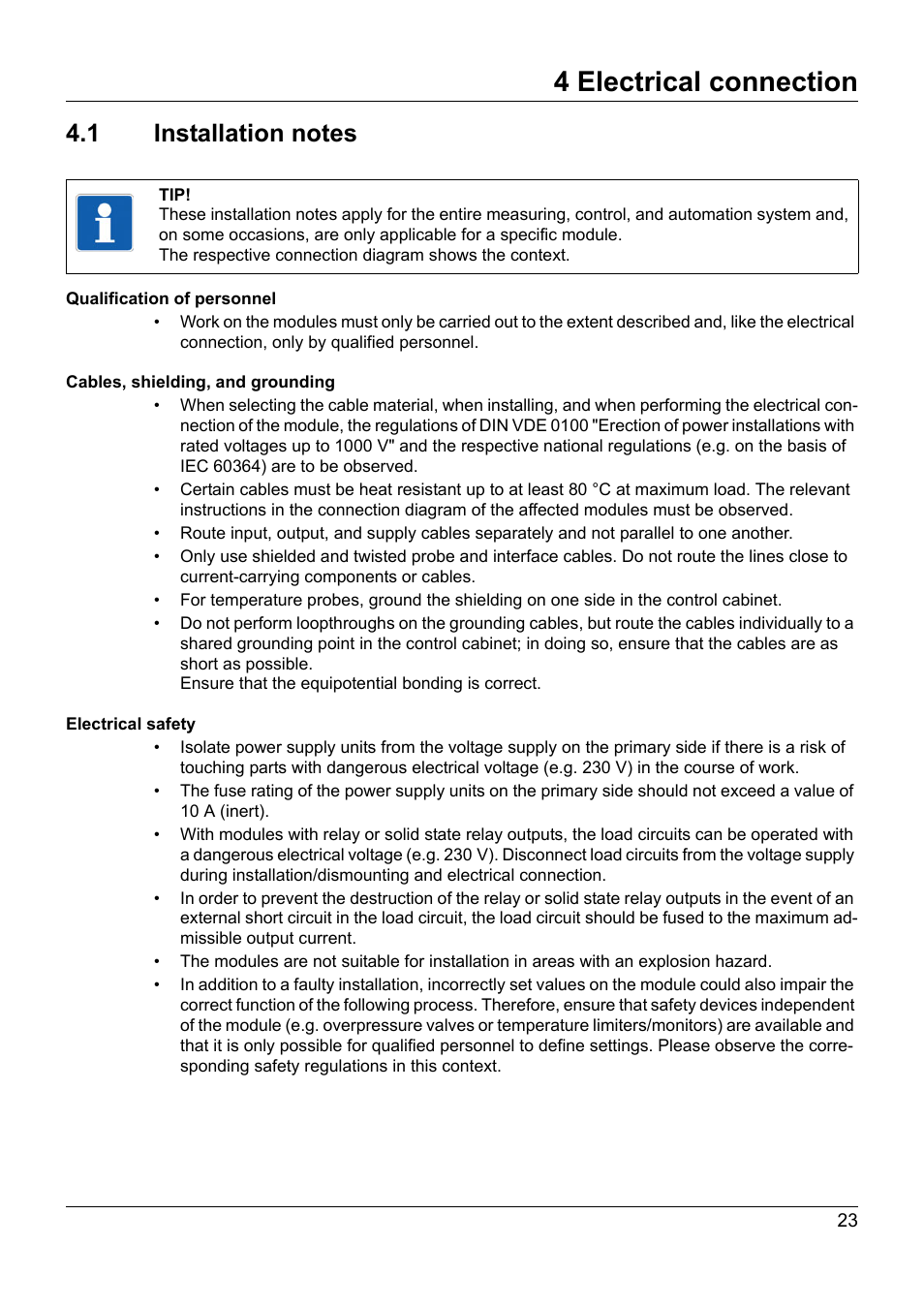 4 electrical connection, 1 installation notes, Electrical connection | Installation notes | JUMO 705020 mTRON T - Analog Input Module, 4-Ch. Operating Manual User Manual | Page 23 / 70