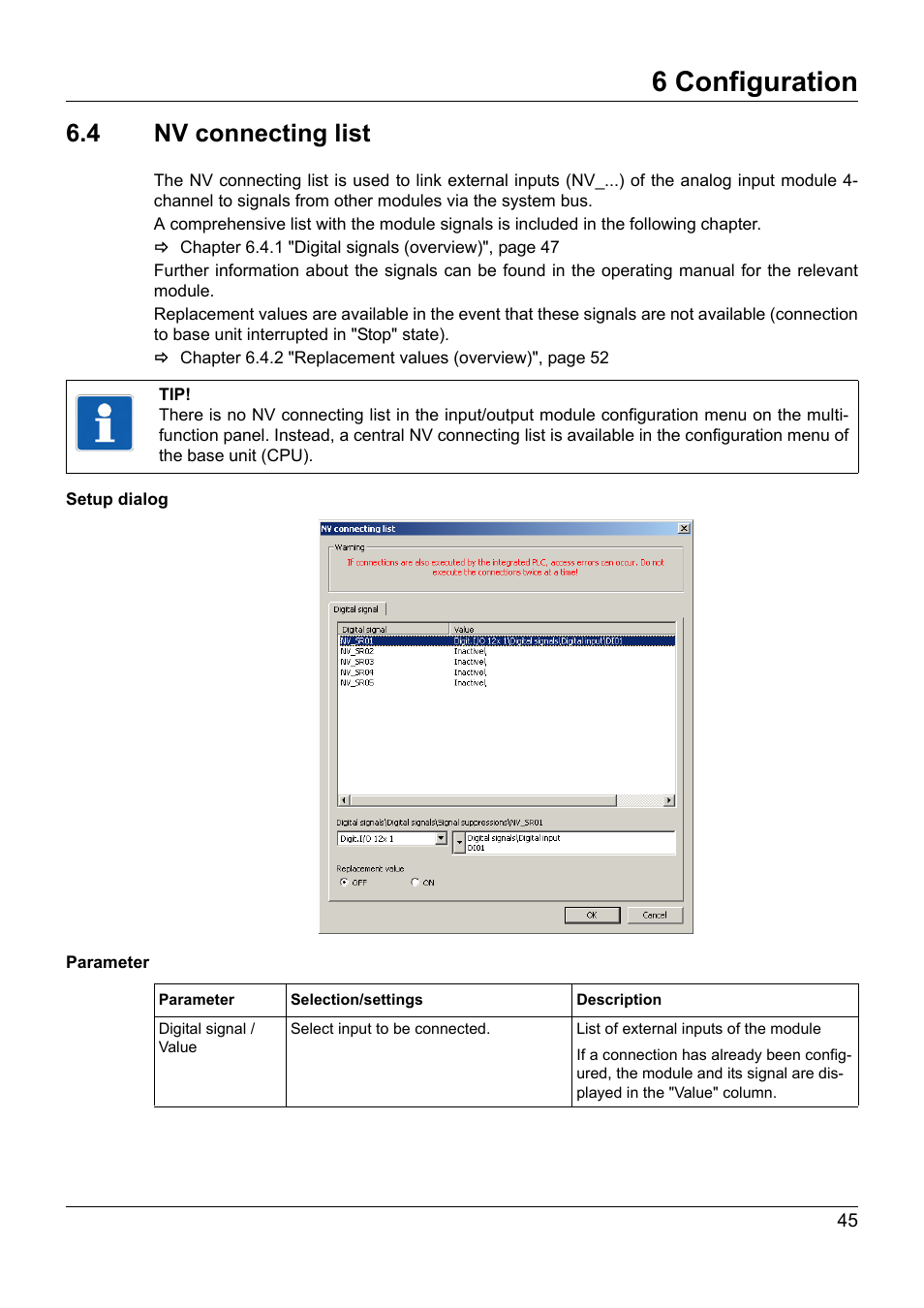 4 nv connecting list, Nv connecting list, 6 configuration | JUMO 705020 mTRON T - Analog Input Module, 4-Ch. Operating Manual User Manual | Page 45 / 70