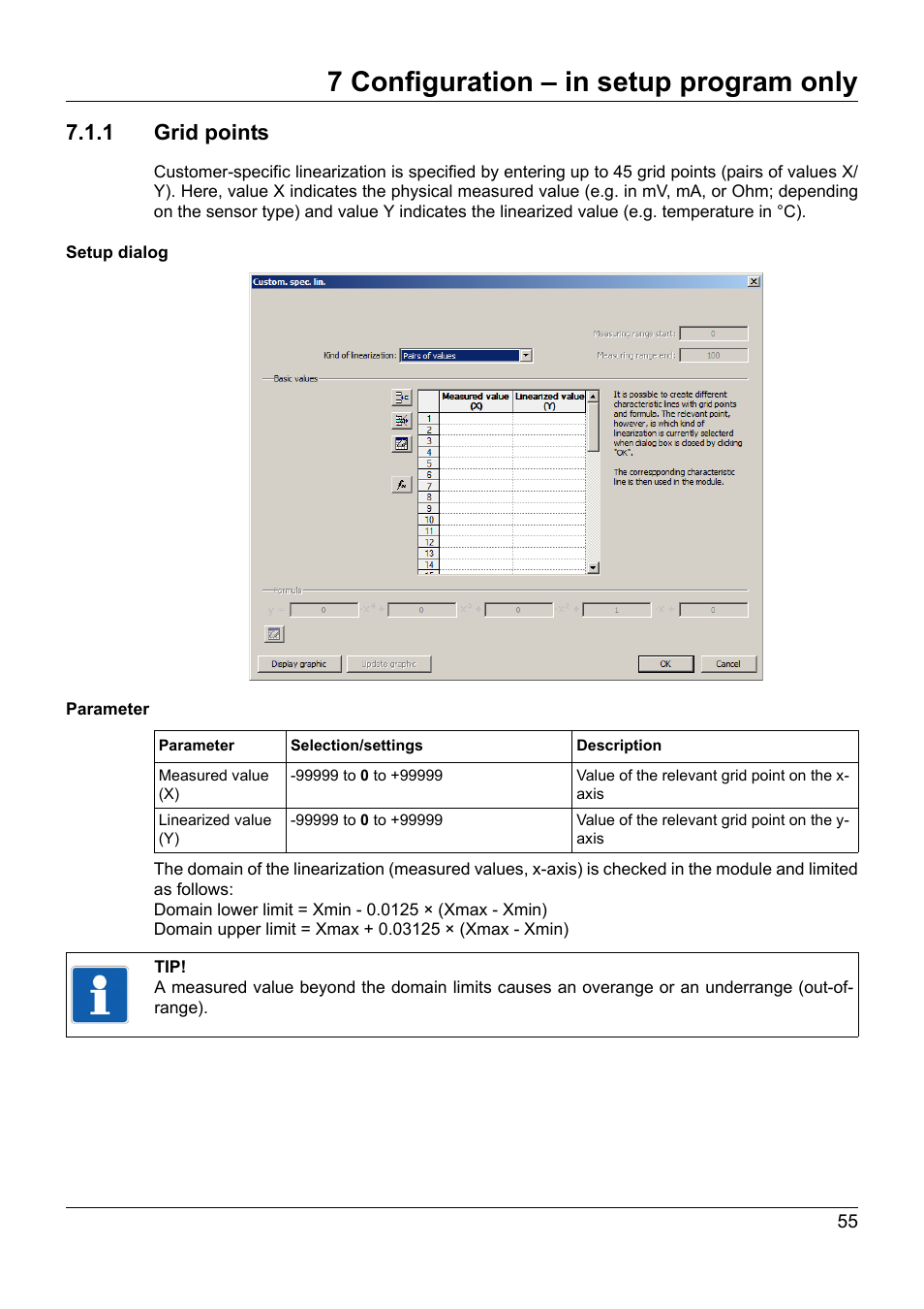 1 grid points, 7 configuration – in setup program only | JUMO 705020 mTRON T - Analog Input Module, 4-Ch. Operating Manual User Manual | Page 55 / 70