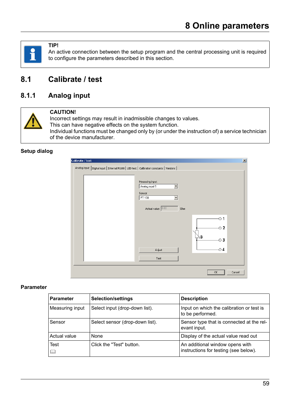 8 online parameters, 1 calibrate / test, 1 analog input | Online parameters, Calibrate / test | JUMO 705020 mTRON T - Analog Input Module, 4-Ch. Operating Manual User Manual | Page 59 / 70