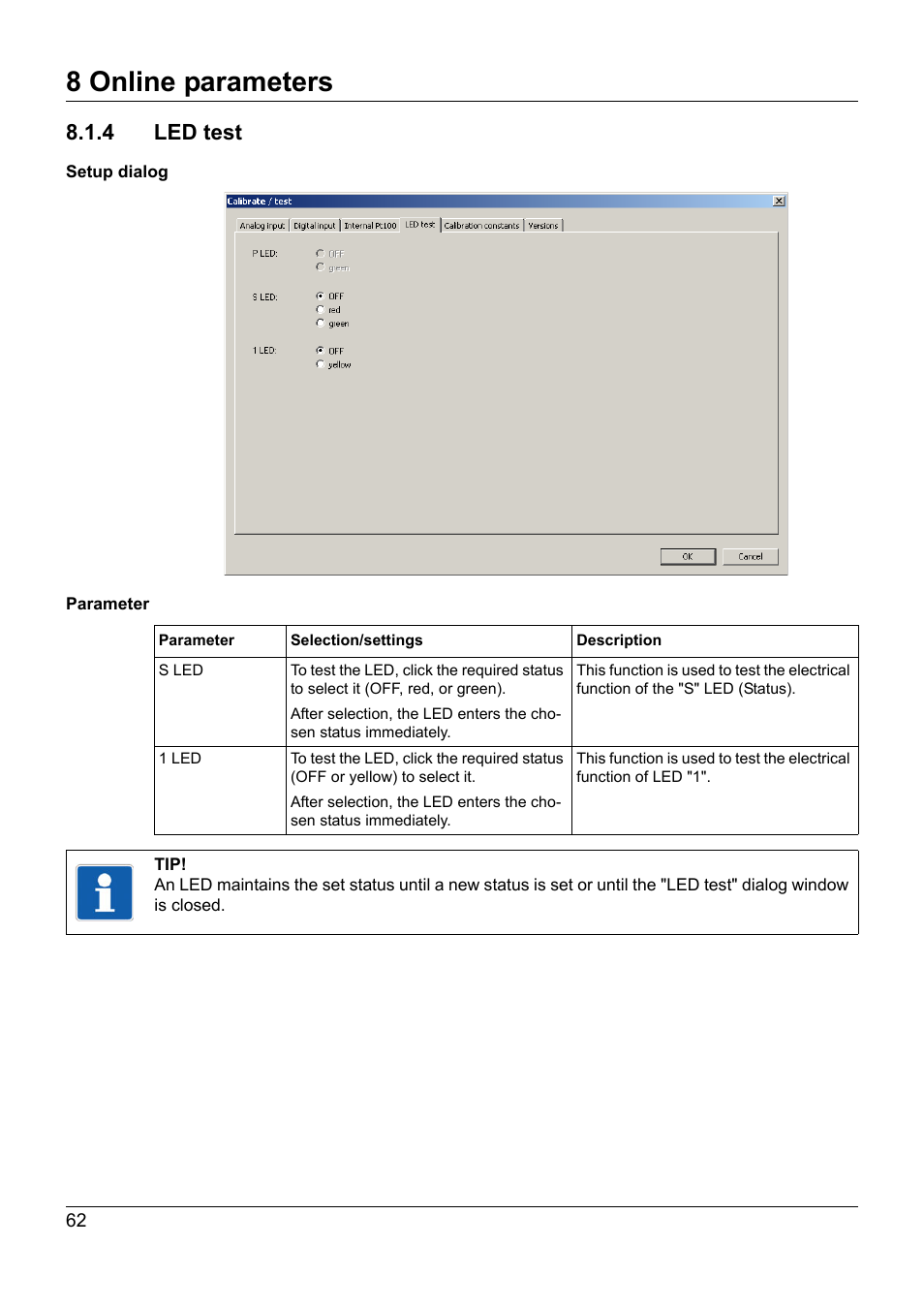 4 led test, 8 online parameters | JUMO 705020 mTRON T - Analog Input Module, 4-Ch. Operating Manual User Manual | Page 62 / 70