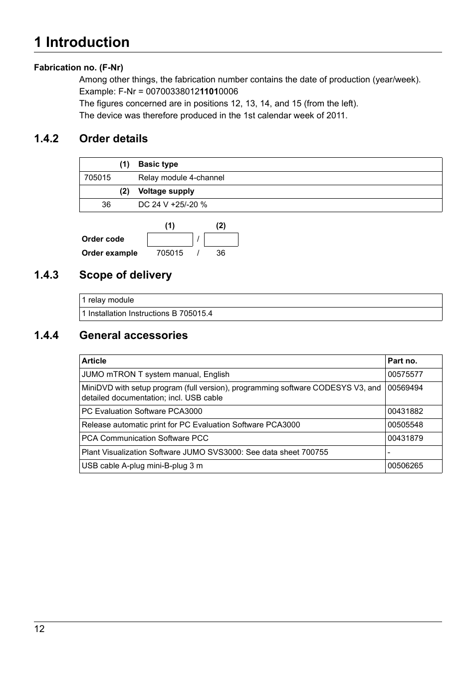 2 order details, 3 scope of delivery, 4 general accessories | 1 introduction | JUMO 705015 mTRON T - Relay Module 4-Ch. Operating Manual User Manual | Page 12 / 44